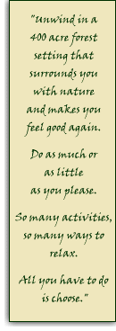 Unwind in a 400 acre forest setting that surrounds you with nature and makes you feel good again. Do as much or as little as you please. So many activities, so many ways to relax. All you have to do is choose.